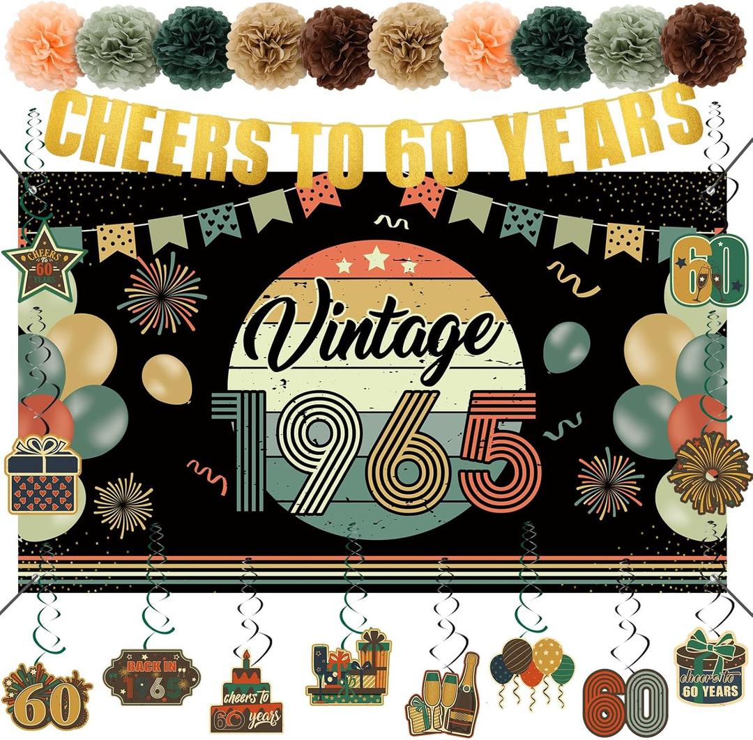 24 Pcs Vintage 60th Birthday Decorations for Men Women 1965 Banner Decorations, Including Back in 1965 Backdrop, Cheers to 60 Years Banner, 12 Hanging Swirl, 10 Paper Poms