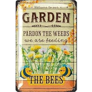LANOLU Vintage Tin Sign Garden We Are Feeding the BEES, Farmhouse Metal Signs, Funny Garden Signs, Garden Plaque Decorative Outdoor Metal Signs for Outside Wall, Porch Patio 12x8", Pack Of 2
