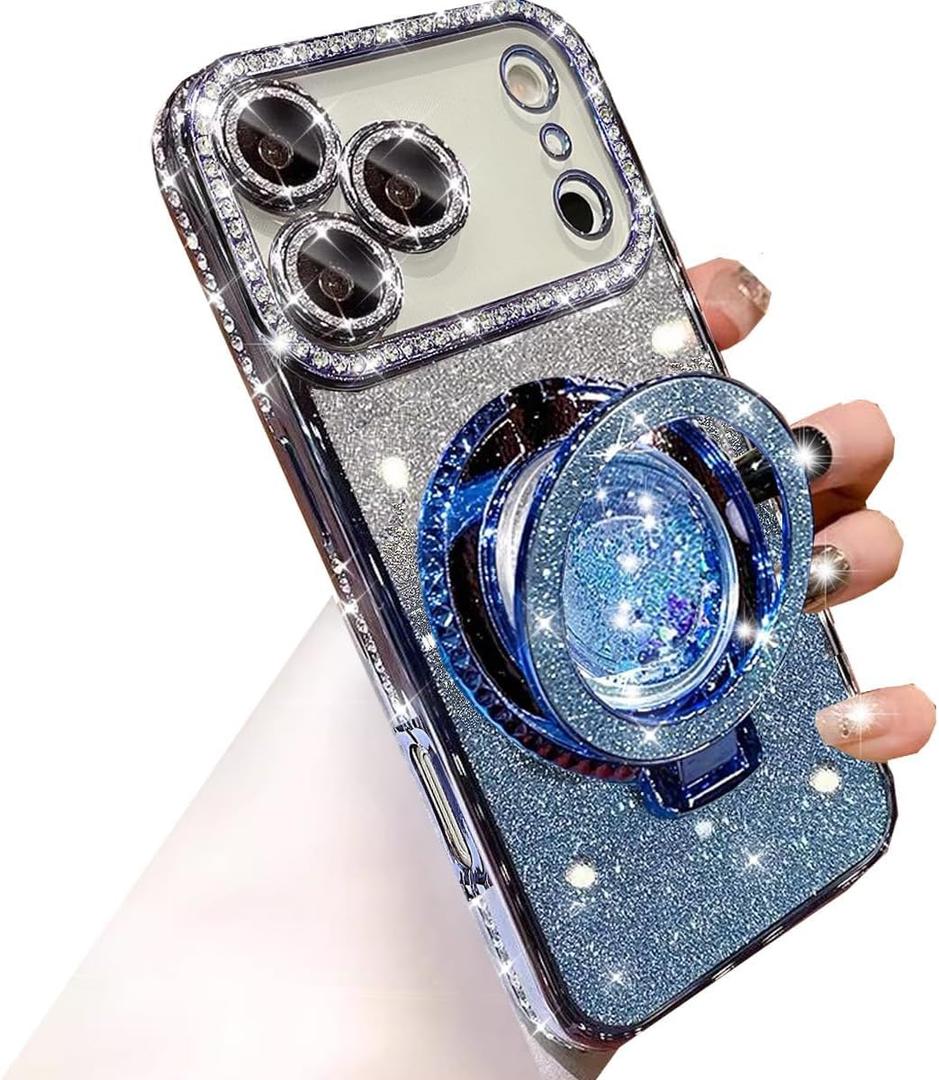 Glitter Kickstand Case for iPhone 17 Pro Max,Cute Bling Sparkly Diamond Rhinestones with Camera Lens Protector Liquid Flowing Ring Stand TPU Bumper Women Girls Case for iPhone 17 Pro Max,Blue