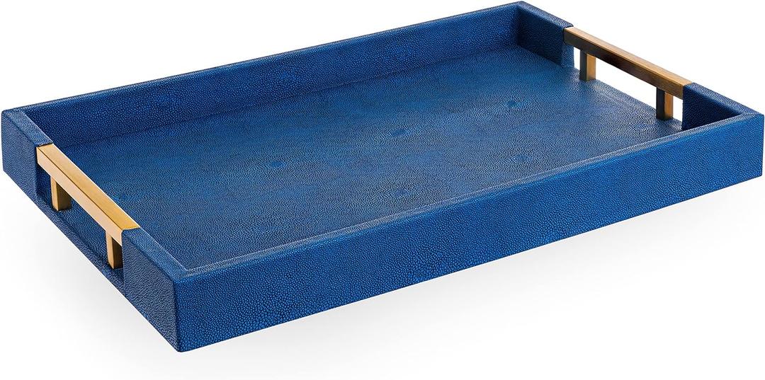 Modern Elegant 18x12 Rectangle Navy Blue Faux Leather Shagreen Decorative Tray Ottoman Tray Coffee Table Perfume Living Room Kitchen Serving Tray with Brass Gold Metal Handles by Home Redefined. (Navy/Gold Brass)