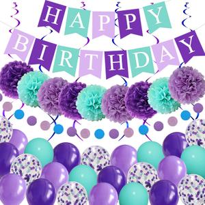 Mermaid Birthday Party Decorations for Girls Women, Happy Birthday Banner Purple Mint Green Confetti Balloons Dots Garland PomPoms Swirls for Party Baby Shower Decorations