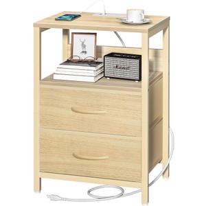 Yoobure Nightstand with Charging Station, Small Night Stand with Fabric Drawers and Storage Shelf for Bedrooms, Nightstands for Small Spaces, Bedside Table with USB Ports & Outlets, Bed Side Table (Natural)