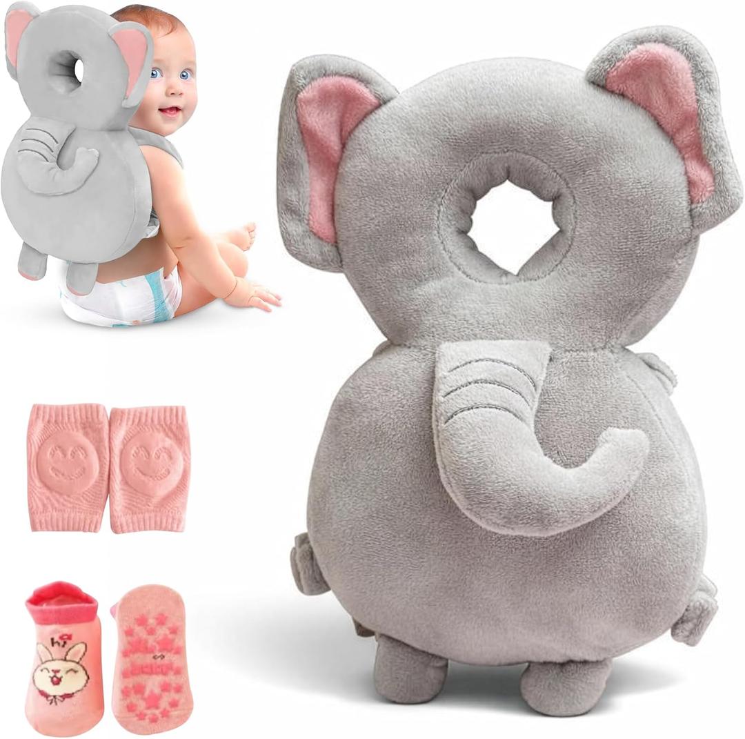 HippoBaby Baby Head Protector Backpack  Toddler Safety Cushion for Crawling & Walking  Infant Fall Protection Pillow with Adjustable Straps  Comes with Knee Pads & Non-Slip Baby Socks (Elephant)
