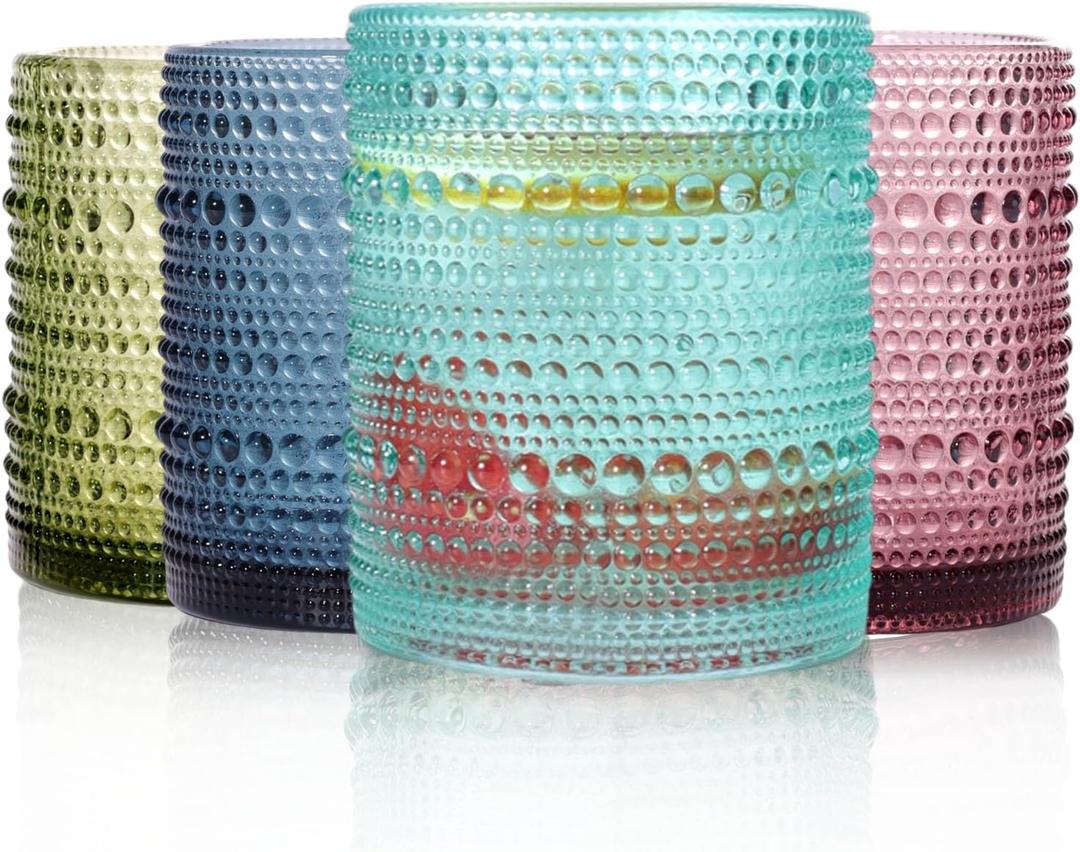 Set of 4 Hobnail Drinking Glasses, Colored, 12oz, Vintage Jupiter Drinking Glasses,Embossed Old Fsahioned Cute Glassware for Beer,Water,Juice,Cocktail,Whiskey,Gift (Small)