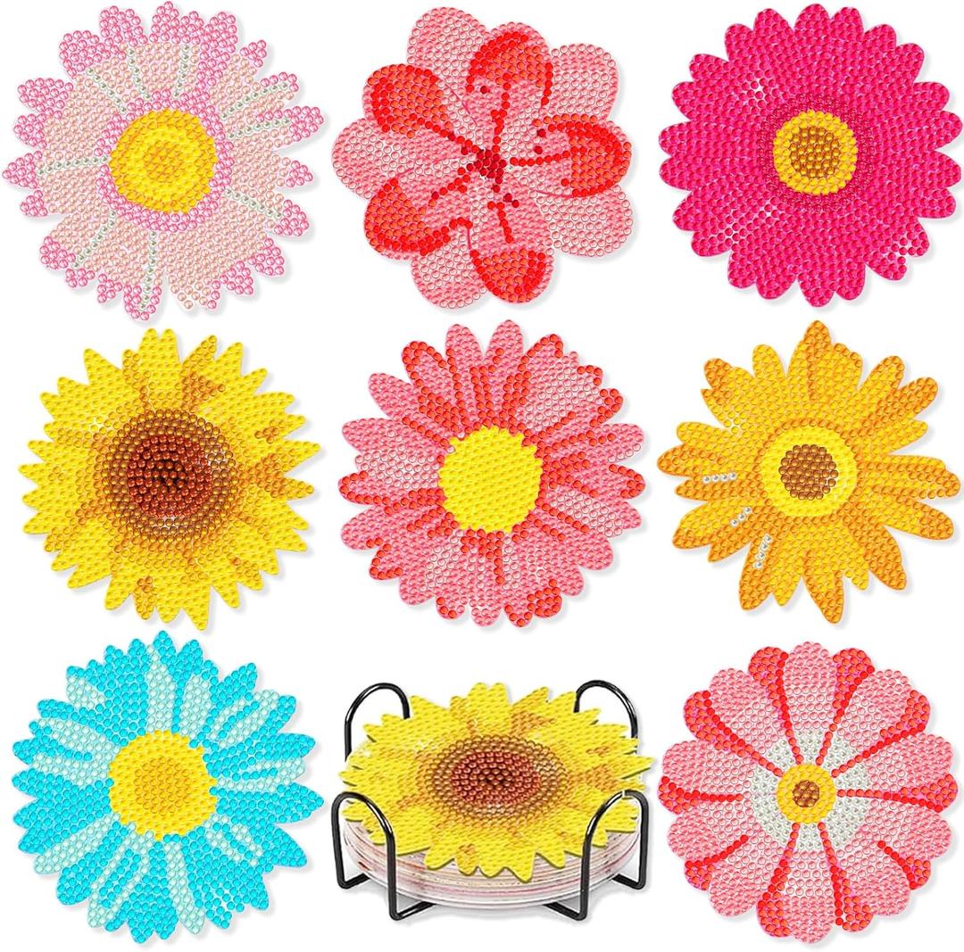 Leatrice 8PCS Flower Diamond Art Coasters Small Diamond Painting Kits for Adults Beginners Women Gem Art Coasters with Holder Funny DIY Crafts for Home Decor