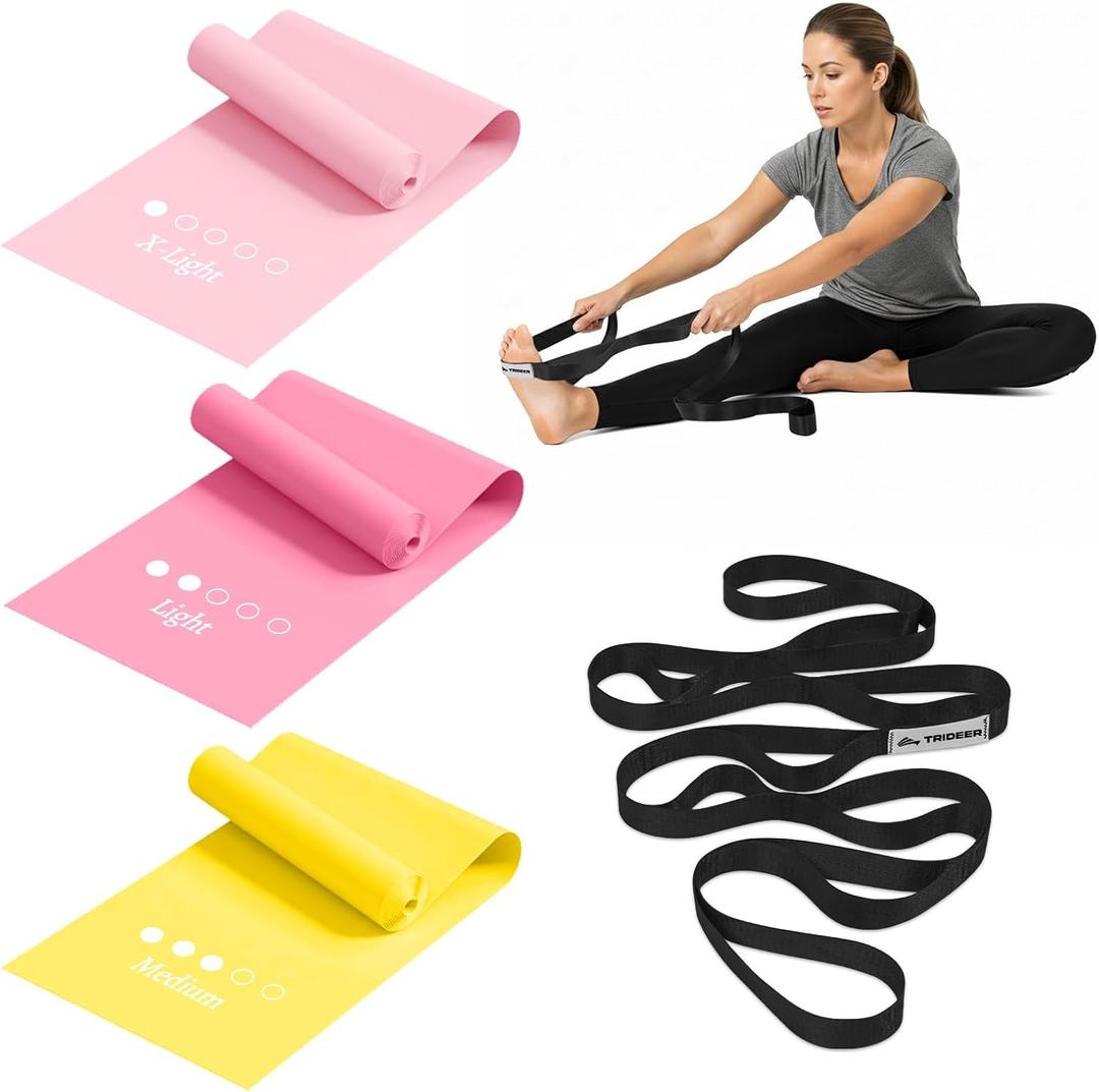 Trideer Stretching Strap & 3-Level Resistance Bands Set for Rehab, Flexibility Training, and Full-Body Strength, Physical Therapy Kit for Recovery, Mobility, Warm-Up, and Home Workouts (Pink)