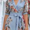 LOZ Womens Summer Dresses 2025 Blue Floral Puff Short Sleeve V-Neck Belt Midi Dress Fashion A-Line Wedding Guest Dresses (Blue, M)
