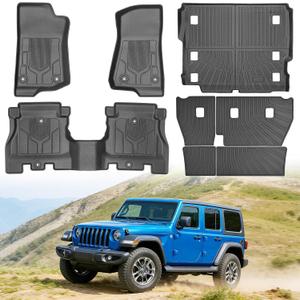 Floor Mats for Jeep Wrangler JL 4-Door 2018-2025 (Only for Models Without Subwoofer), Heavy Duty TPE All Weather Protection Waterproof Non-Slip Black (Floor Mats & Cargo Liner & Seatback Mat)