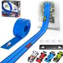 15 Ft Flexible Race Car Track for Kids, Double-Sided Racetrack for 1:64 Diecast Cars Toys, Rolls Up Portable Race Tracks with 4 Car & Suction Cups, Birthday Gifts for Boys Girls Ages 3-5 5-7, Blue