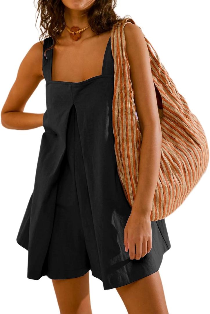 KEEDONE Women's Summer Casual Rompers Sleeveless Loose Shoulder Strap Short Jumpsuits with Pockets 2025 Clothes Black-S