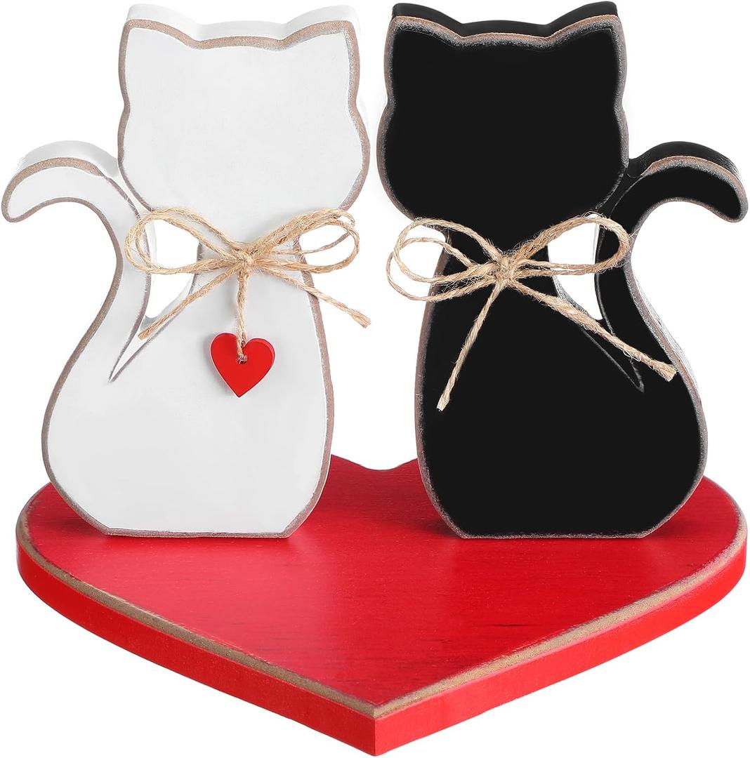 3 Pcs Valentines Day Wooden Cats Decor Black and White Cat Valentines Table Sign Wooden Tabletop Ornaments Red Heart Base Centerpieces for Wedding Home Decor Gifts