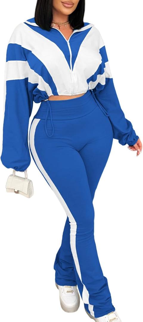 Vssjavun Women 2 Piece Outfit Color Block Long Sleeve Zip Drawstring Cropped Jacket Bodycon Long Pants Set Sweatsuit (Small, Royal Blue)