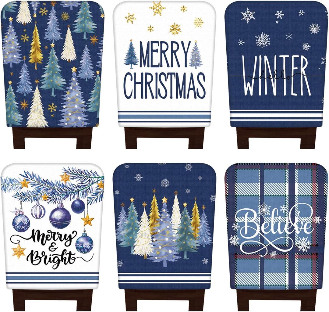 6 Pcs Christmas Chair Covers Christmas Chair Back Covers Xmas Chair Protector Slipcovers Washable Winter Dining Room Seat Covers for Home Hotel Kitchen Decorations (Blue Xmas Tree)
