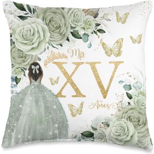 Sage Green Floral Brown Princess Quinceaera Mis XV Aos Throw Pillow (16x16)
