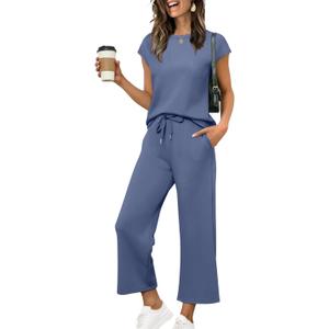 SAMPEEL Two Piece Sets for Women Summer Vacation Outfits Cap Sleeve Tops Lounge Matching Sets Clothing Beach Fashion Clothes (Small, Blue) SAMPEEL Two Piece Sets for Women Summer Vacation Outfits Cap Sleeve Tops Lounge Matching Sets Clothing Beach Fashion Clothes (Small, Blue)