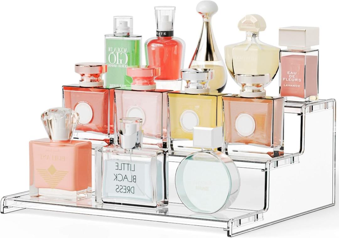 Yieach 3 Tier Acrylic Sands for Display,12 Inch Perfume Organizer,Cologne Stand,Cupcake Display and Funko Pop Stands,Clear Tiered Tray Stand,Acrylic Riser for Figure,Collectibles,Makeup or Spice Shelf