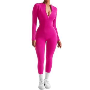 SUUKSESS Women Long Sleeve Ribbed Jumpsuit Sexy Zip up Front Workout One Piece Bodycon Jumpsuit Romper (Hot Pink, L)