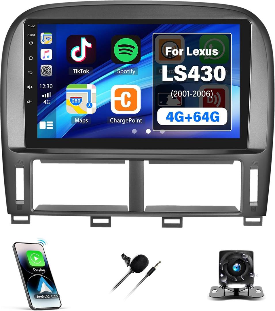 [4+64G] Android 13 Car Stereo for Lexus LS430 2001 2002 2003 2004 2005 2006 with Wireless Carplay&Android Auto,9 Inch Car Radio with Mirror Link Bluetooth FM/RDS WiFi GPS EQ DSP SWC+AHD Backup Camera (4+64G with Carplay)