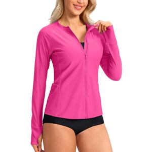 SANTINY Women's Rash Guard UPF50+ SPF UV Protection Long Sleeve Swimsuit Top with Pockets Zip Front Swim Shirts Woman (Medium)