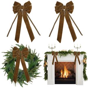 AIMUDI Brown Velvet Bows 6.5" x 15" Christmas Bow for Gift Wrapping Velvet Bows for Tree, Holiday Crafts, Wreath, Garland, Staircase, Home Outdoor Fall Christmas Decorations, 2 PCs