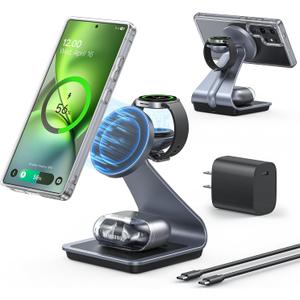 Magnetic Wireless Charger for Samsung, 3 in 1 MagSafe Charging Station Aluminum Charger Stand for Galaxy S25/S24/S23/Ultra/Plus/Z Fold7/Flip7, Watch Charger Stand for Galaxy Watch Ultra 8 7, for Buds