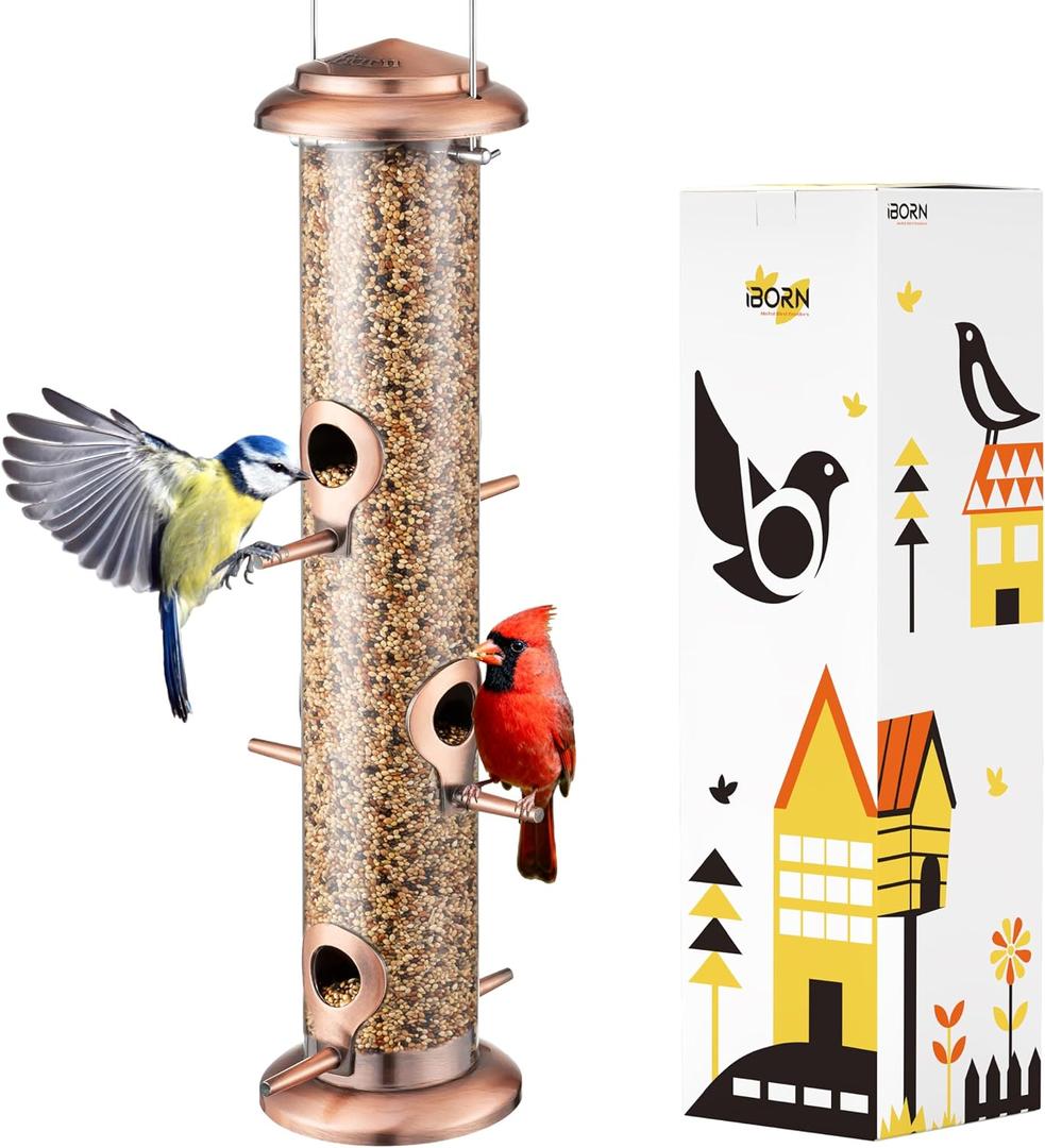 iBorn Metal Bird Feeders Brushed Copper Wild Bird Feeder for Outdoors Hanging All Metal Brushed Copper Finishing 15 Inch 6 Port(Seed is not Included)