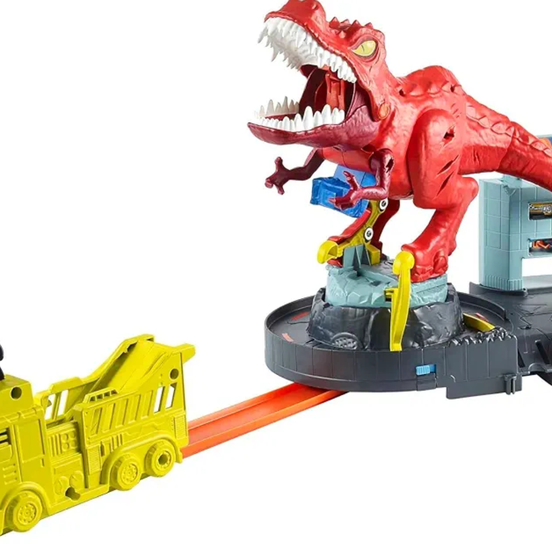 Hot Wheels Toy Car Track Set, T-Rex Rampage Playset & 1:64 Scale Vehicle, Launch into the Giant Dinosaur