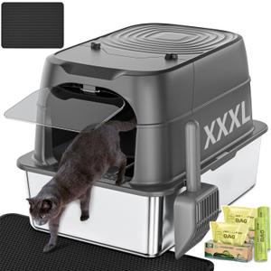 XXXL Jumbo Stainless Steel Litter Box with Lid, 26" L x 18" W x 17" H Extra Large Stainless Steel Litter Box, 400 Count Cat Poop Bags + Cat Litter Mat,Non-Sticky, Anti-Leakage, Easy to Clean (Dark Gray)