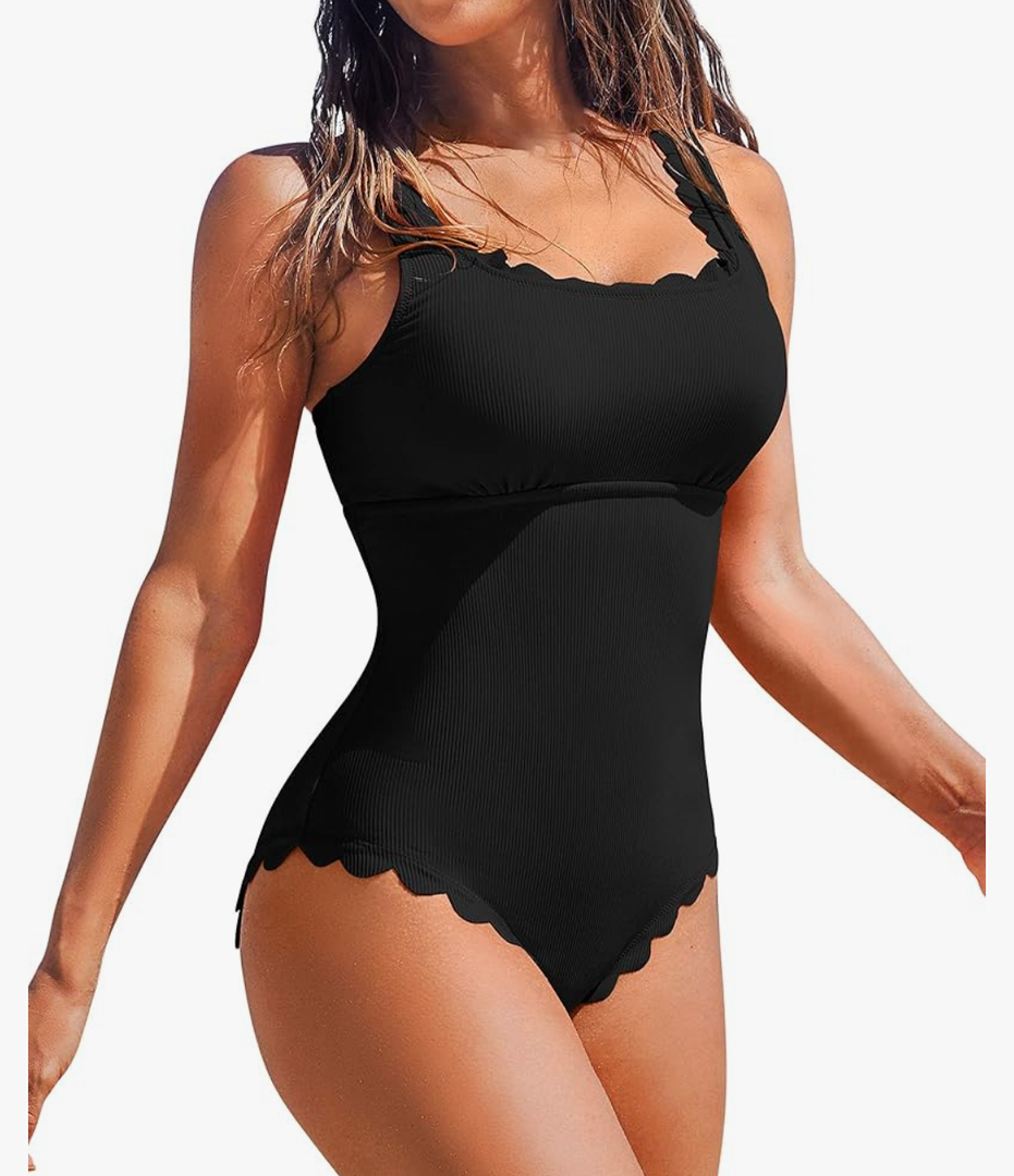 Charmo Womens Scalloped Ribbed One Piece Swimsuits Retro Square Neck Modest Bathing Suits, M, Black