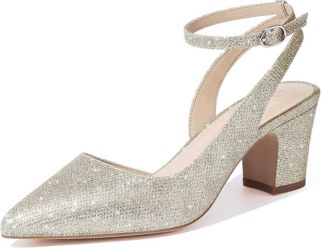 ALICEPUB Women's Closed Toe Heels Pumps Slingback Heels 2inch Chunky Block Heels Low Dress Shoes Comfortable Business Office Work Heels Wedding Shoes (9, Gold/Glitter)