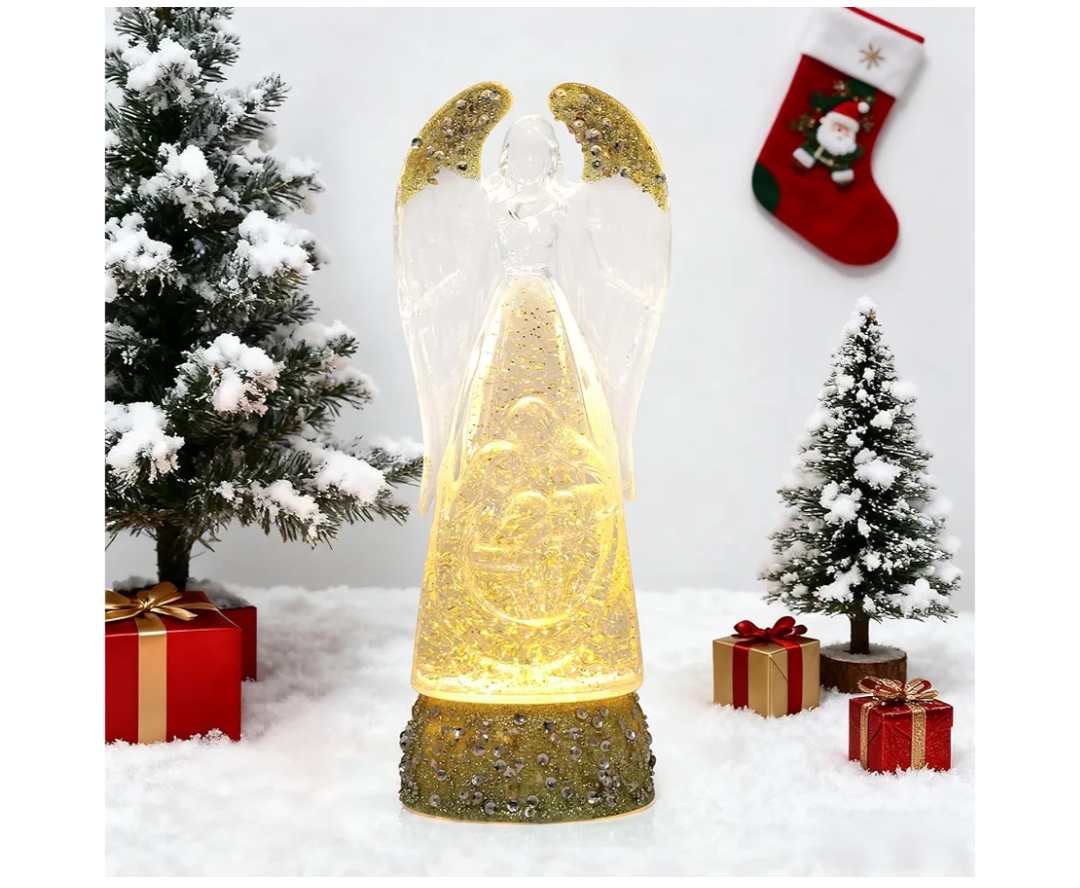 Angel Christmas Water Globe Lantern Gloden Glitter Water Lantern Battery Operated or USB Powered with 6H Timer for Christmas Party Home Table Decorations Gifts (Gold Angel)