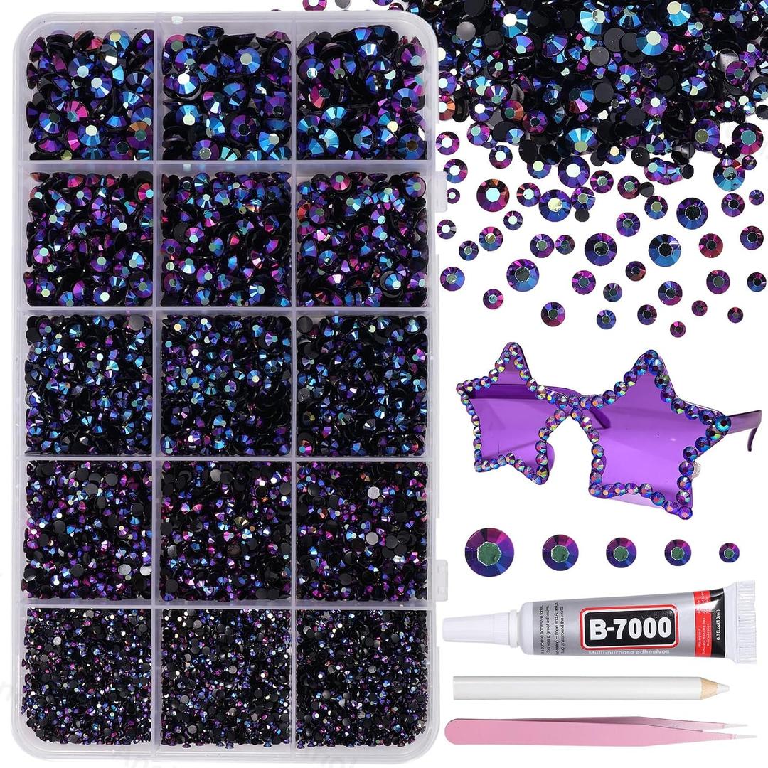 12000Pcs Black AB Purple Color Rhinestones for Bedazzling Kit, 2/3/4/5/6mm Mix Sizes Jelly Bedazzling Resin Gems, Black Gems Bedazzling, Flatback Resin Rhinestones for DIY Face Makeup Crafts Tumblers