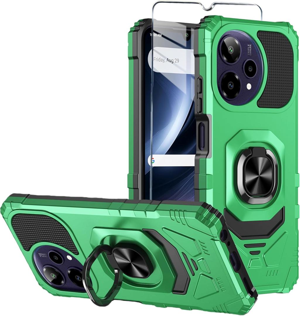 for Cricket Icon Plus 2026 Phone Case/AT&T Verge 2 Case with Tempered Glass Screen Protector,Military Grade Heavy Duty Shockproof Protective Cover,with Ring Kickstand (Green)