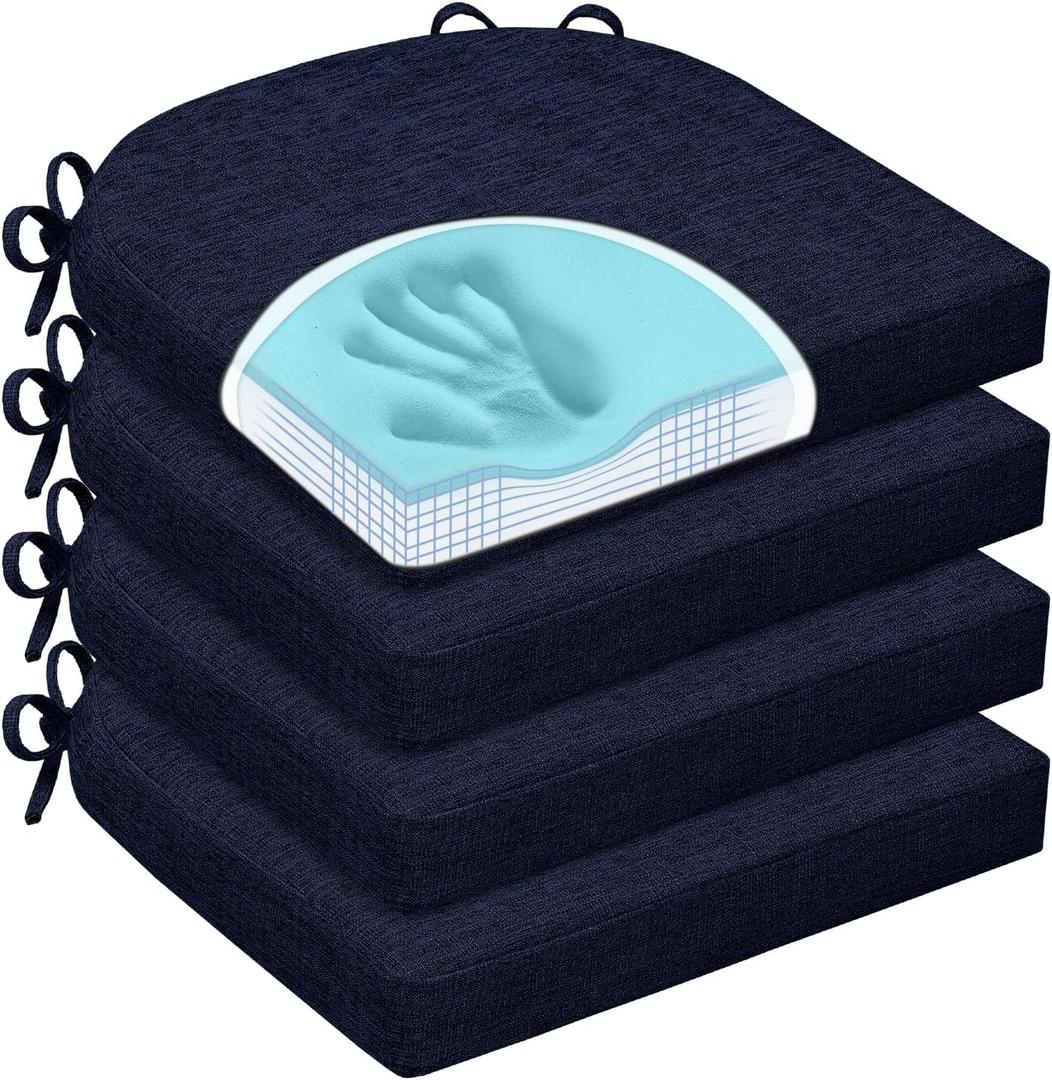 Chair Cushions for Dining Chairs, Non Slip Chair Pads with Ties and Washable Covers, Memory Foam Kitchen Chair Cushions Set of 4, 16"X16"X2.5", Navy