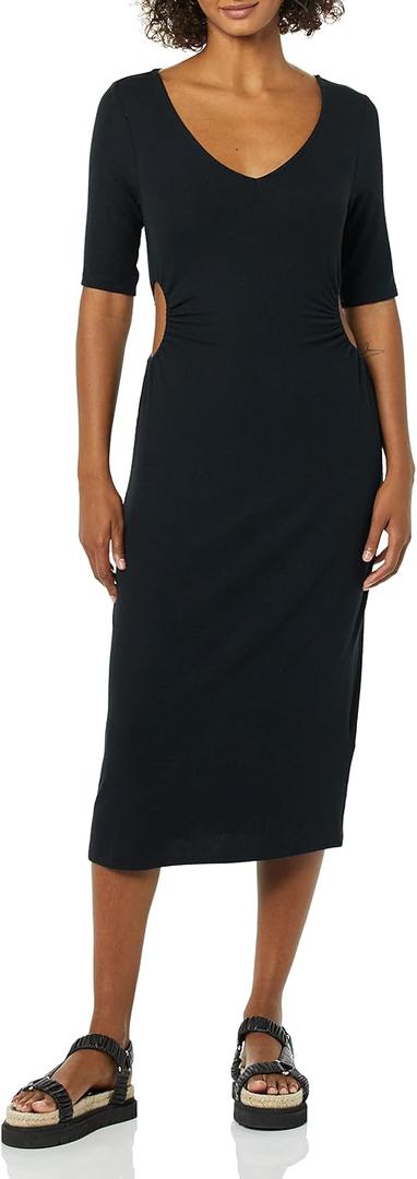 Amazon Essentials Women's Fine Rib V Neck Side Cut-Out Midi Dress (Previously Daily Ritual) (Large, Black)