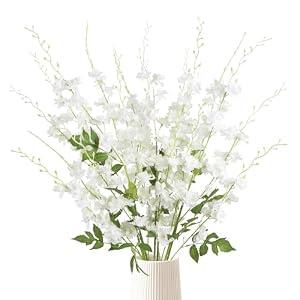 Uznaeoi White Delphinium Artificial Flowers,6PCS Silk Larkspur Flowers Bulk 42.5 in Long Stem Fake Hyacinth Flowers for Tall Vase Table Centerpiece Wedding Home Decoration(White)