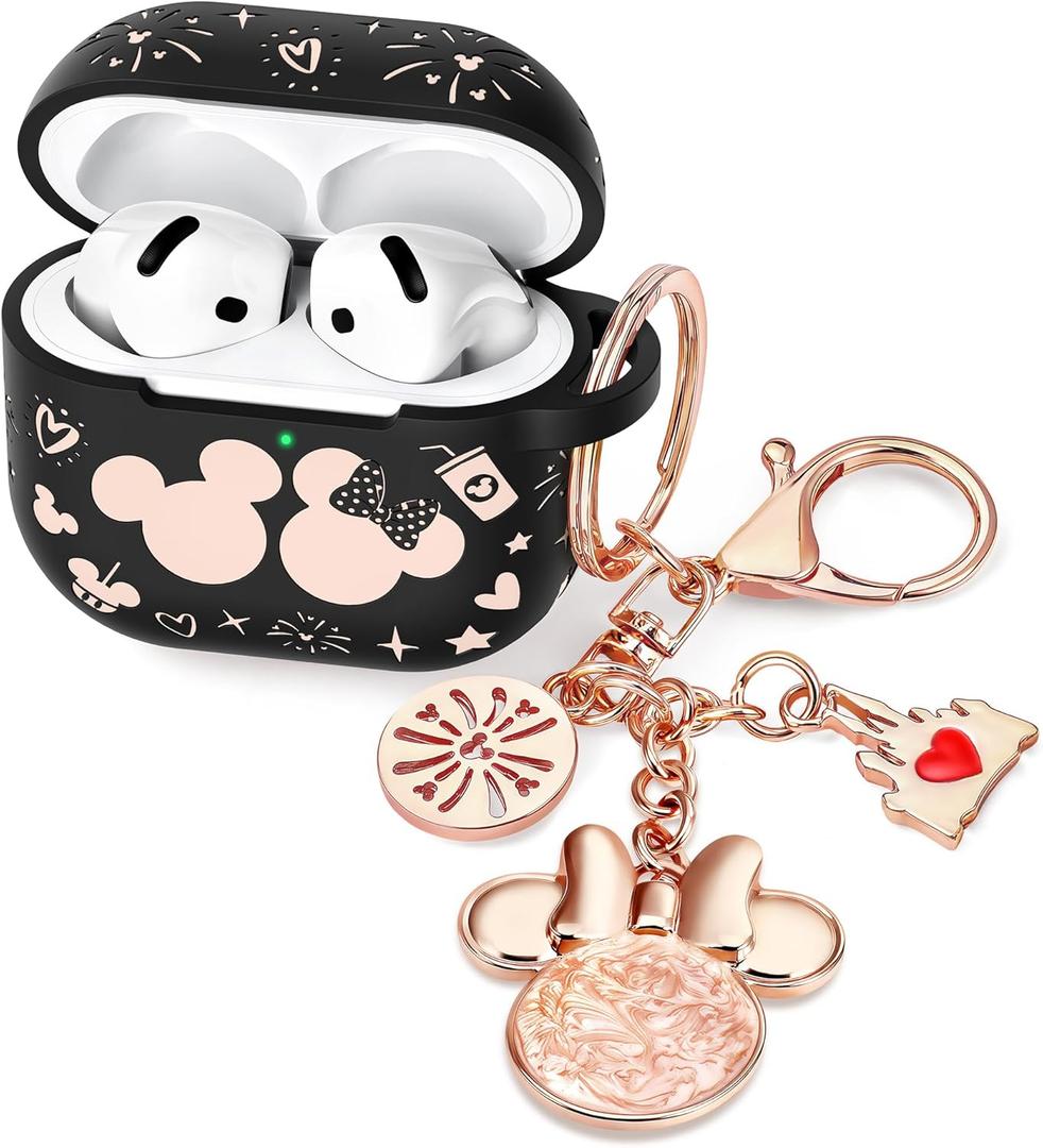 (with Cute Keychain) Girovo Compatible with Apple Airpods 4 Case 2024 Women, Soft Silicone TwoTone Funny Cartoon Engraved Portable 360° Full Protection AntiScratch Air pod 4 Case Black/Pink