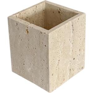 Natural Marble Stone Square Storage Container Empty Vessel Holder Cup for Candle/Pens/Sundries items (Beige Travertine)