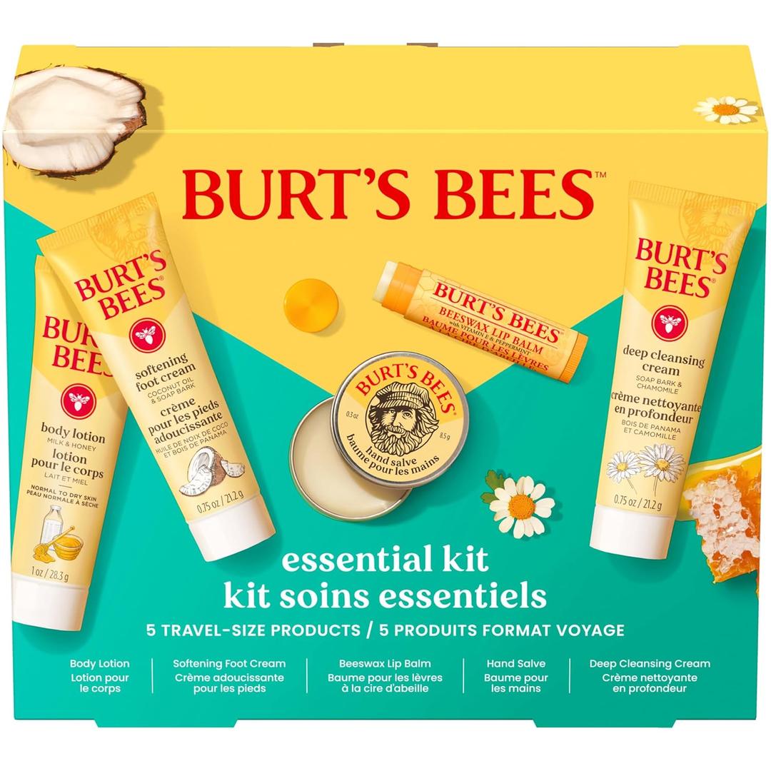 Burt's Bees Christmas Gifts - Essentials Everyday Set, 5 Travel Size Products for Stocking Stuffers - Deep Cleansing Cream, Hand Salve, Body Lotion, Foot Cream and Original Lip Balm