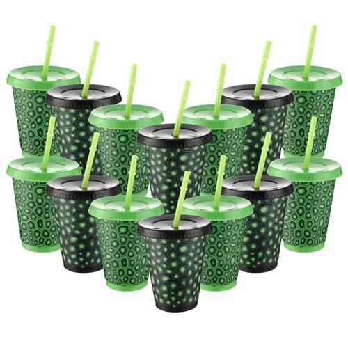 Tioncy 12 Pcs Turtle Cups Bulk 16 oz Birthday Party Favors with Straws and Lids Turtle Themed Green Tumbler Disposable Reusable Plastic Cups for Party Favors