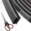 50 Feet D-Shape Rubber Weather Stripping Door Seal Strip, Fingwerk Self-Adhesive Backing Door Weatherstripping for Door Frame Insulation Large Gap, Easy Cut to Size with Tailor Scissors(Black)