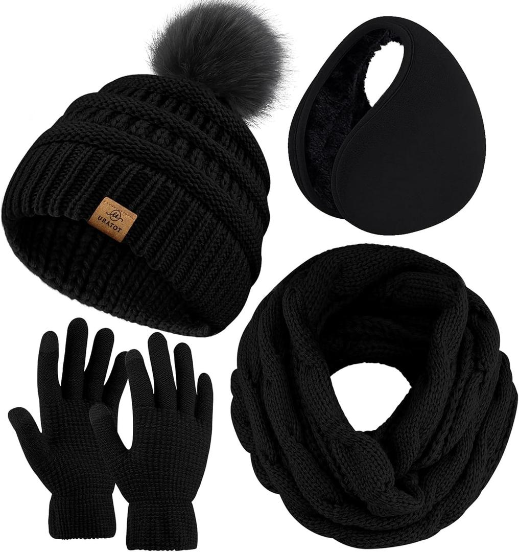 URATOT Winter Warm Sets Knitted Scarf Beanie Pompom Hat Touch Screen Gloves and Winter Ear Warmer Set for Men or Women (Black)