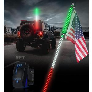Xprite 1PC 5FT Green White Red Spiral LED Whip Lights with Built-in Spring Base, Safety Lighted Antenna Whip w/American Mexico Flag, Compatible with SXS ATV UTV Polaris RZR Truck Jeep