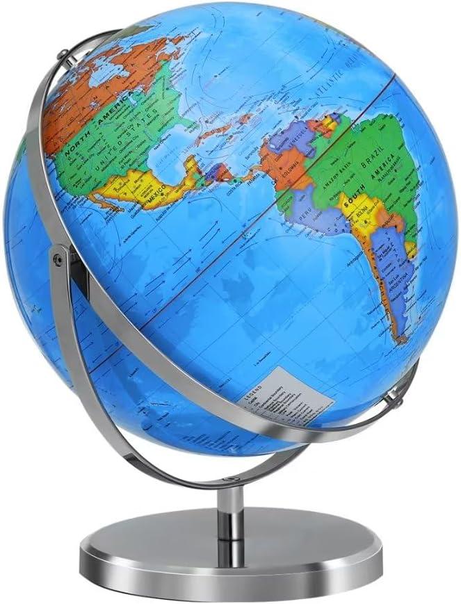 World Globe with Stainless Steel Stand 13 inch, 720 Rotating & HD Waterproof Material, Teaching/Geographic/Decorative Globes with Clear Text for Elementary, Classroom, Home, School, Office (Blue)