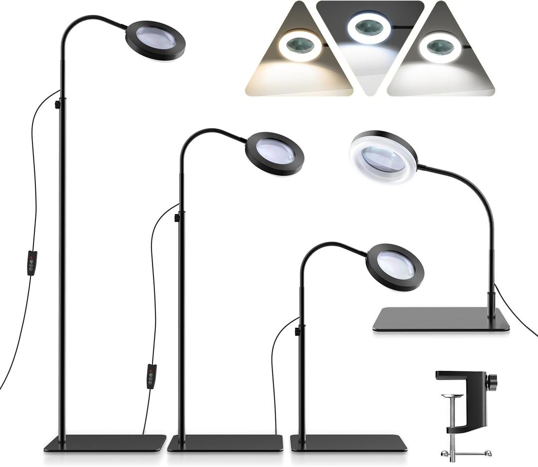 10x Magnifying Glass with Light and Stand, 72 Led Dimmable Floor Magnifying Lamp Hands Free,5-in-1 Adjustable Gooseneck Lighted Magnifier Glasses for Close Work, Reading, Sewing, Crafts