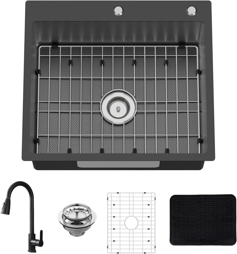 Black 25x22 Inch Drop In Kitchen Sink With Faucet-Stainless Steel Single Bowl Kitchen Sink Stylish&Modern Look With Faucet,Bottom Grid,Silicon Mat And Drain Assembly Add Elegance & Enhance Usability