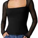 QINSEN Women's Sheer Long Sleeve Square Neck Fitted Top Minimalist Mesh Sleeve Blouse for Everyday Black S (Black, S)