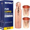 Hammered Copper Water Bottle (34 Oz /1000ml) With Set Of 2 Tumbler (10 Oz/300ml Each) | Best use for Office,Gym & gifts |100% Pure Copper Material with Leak proof Quality Made In India