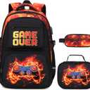 Boys Backpack for School, 3PCS Cool Luminous Backpack for Boys with Lunch Bag Pencil Case, Kids Bookbag Teen Boy Backpacks for Kindergarten Elementary Middle School (Red Flame)