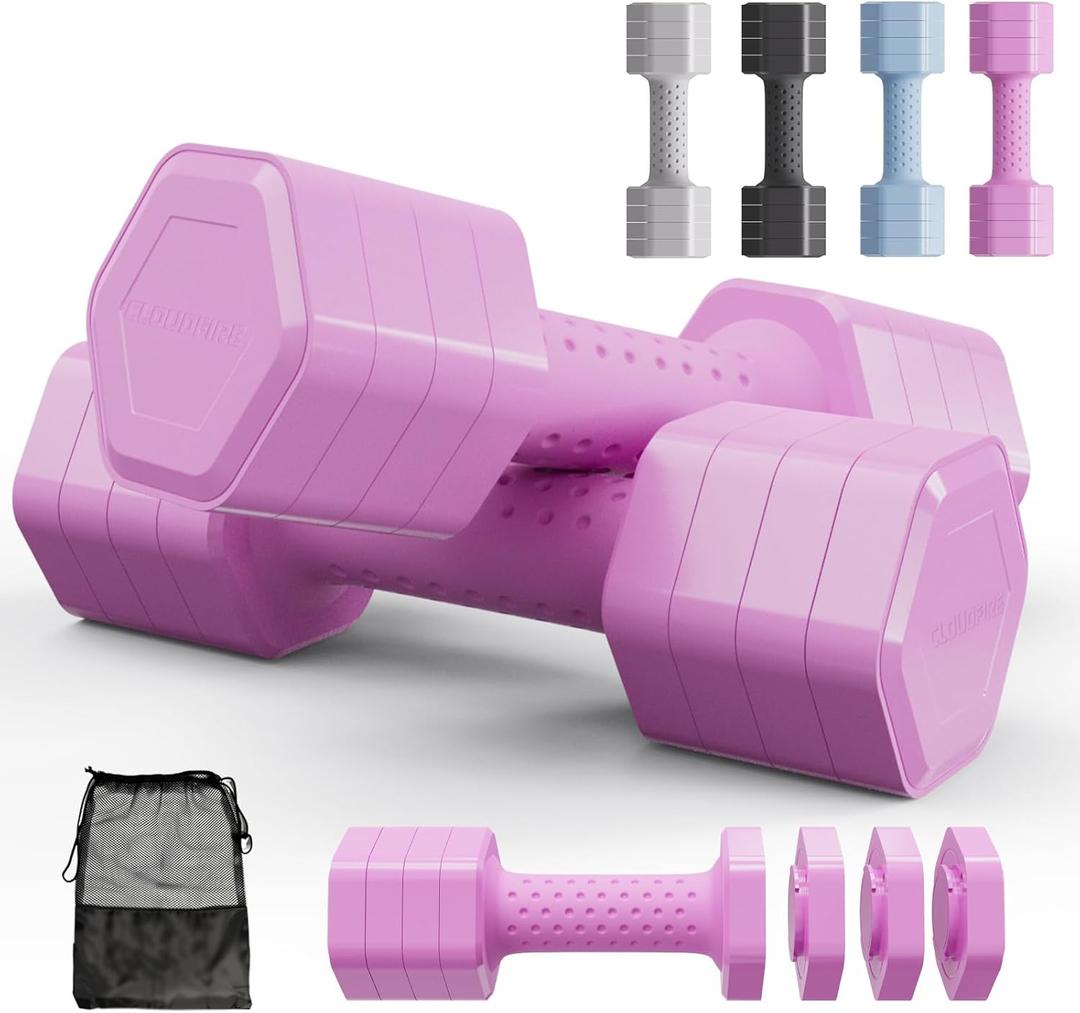 Adjustable Dumbbell Set of 2, 4 in 1 Free Weights Dumbbells Set for Women at Home, 5 lb Weights Dumbbells Set with Non-slip Comfort Handle for Home Gym Exercise Workout Training (Pink)